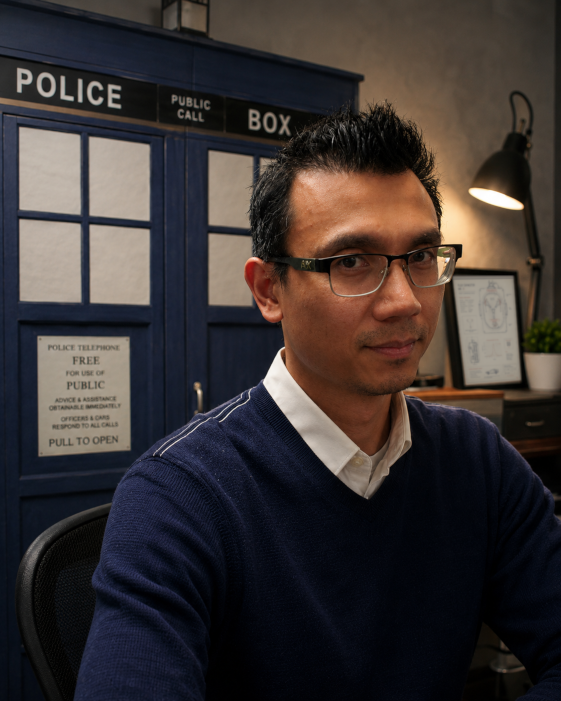 Rath seated in his workspace, with a blue police-box-inspired cabinet behind him