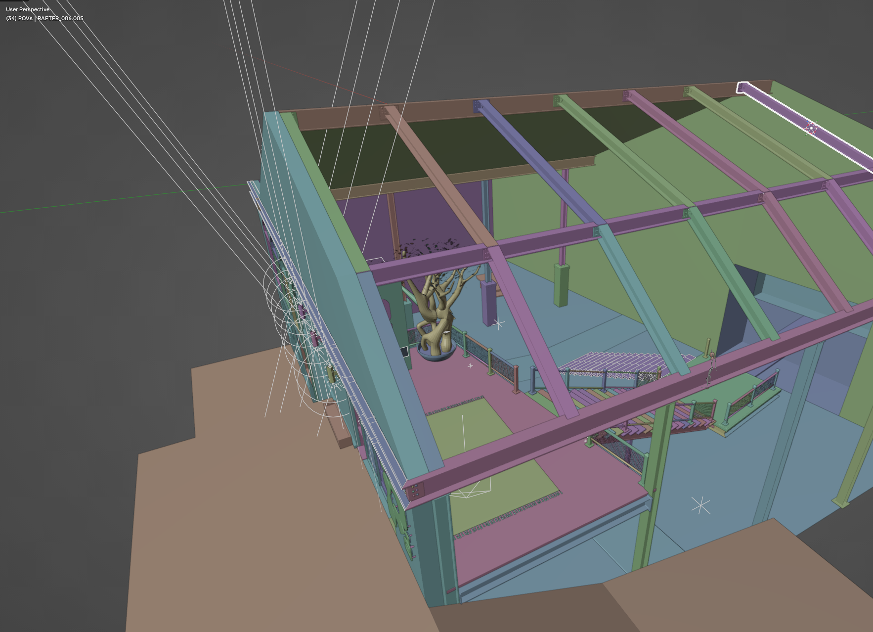 Blender development view showing the Workshop's roof framing, spatial layout, and authored scene objects