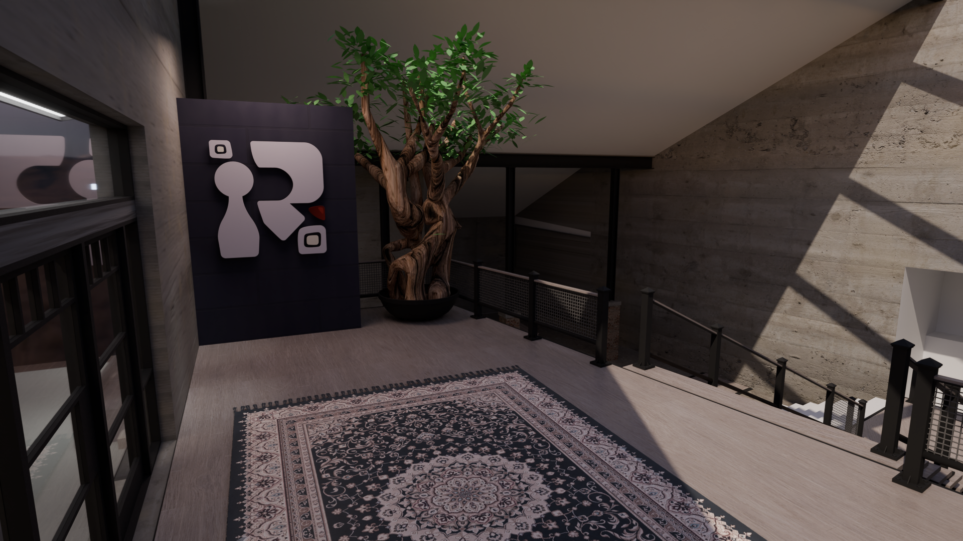 Rendered Workshop Landing with the Red Work Atelier logo, an indoor tree, a patterned rug, concrete walls, and a stairway